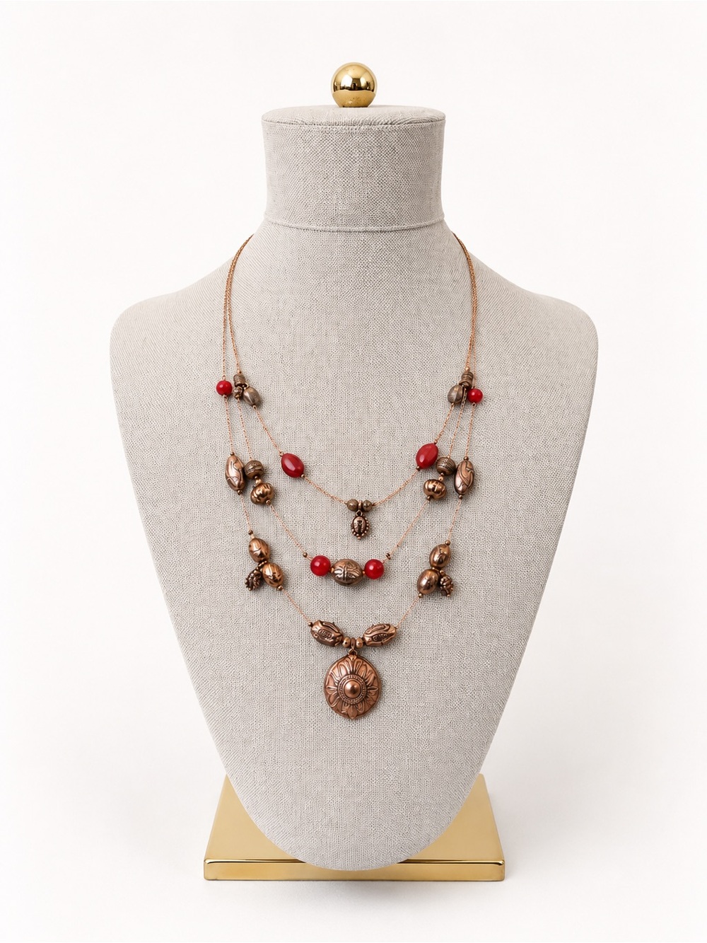 Vintage Beaded Multi Strand Necklace Boho Copper-Tone  Southwestern Style